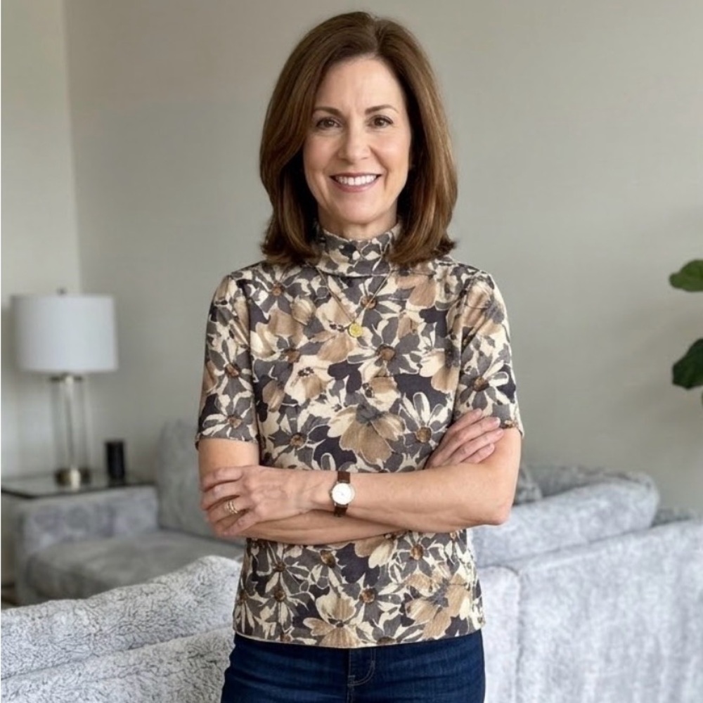 LOFT Short Sleeve Floral Top in Black and Cream